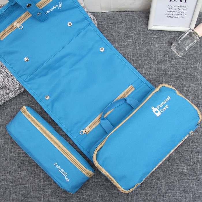 Набор косметичек 3 в 1 "Путешествие", отдел с карманами на молниях, ручка, цвет голубой