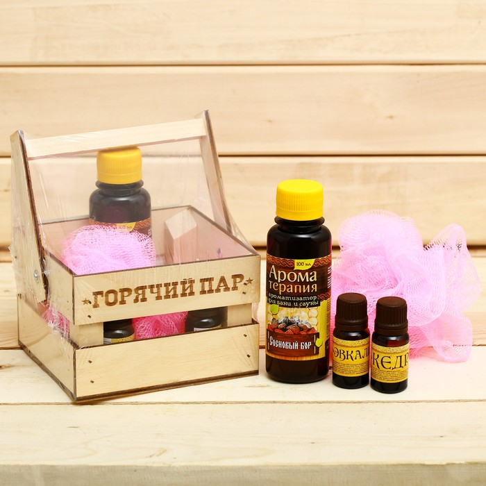 Банный набор в ящике "Горячий пар": 2 аромамасла, ароматизатор, мочалка