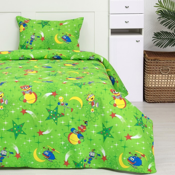 Постельное бельё "Экономь и Я" 1,5 сп. Космос цвет зелёный 145х210 ± 5 см, 150х210 ± 5 см, 50х70 ± 5 см, бязь 120 гр/м²