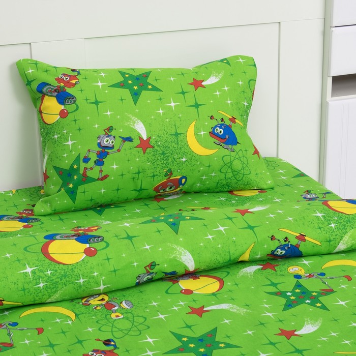 Постельное бельё "Экономь и Я" 1,5 сп. Космос цвет зелёный 145х210 ± 5 см, 150х210 ± 5 см, 50х70 ± 5 см, бязь 120 гр/м²
