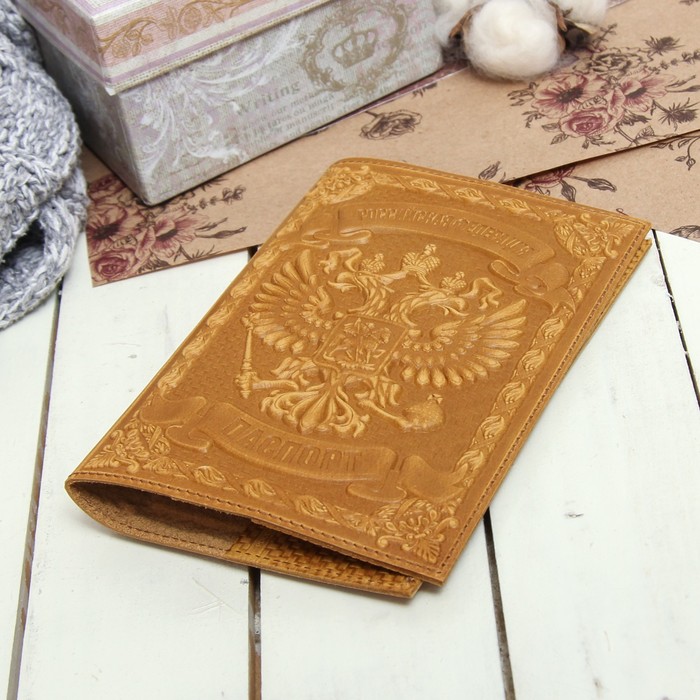 Обложка для паспорта, 3D тиснение, герб, цвет рыжий