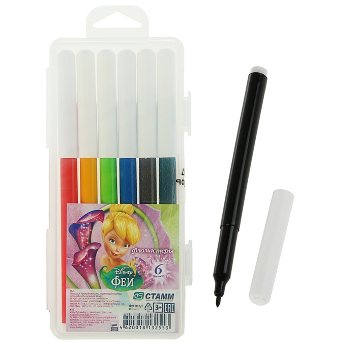 Фломастеры 6 цветов Disney "Феи", в пенале, длина линии письма более 400 м