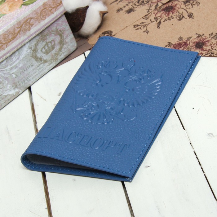 Обложка для паспорта, герб, флотер, цвет синий