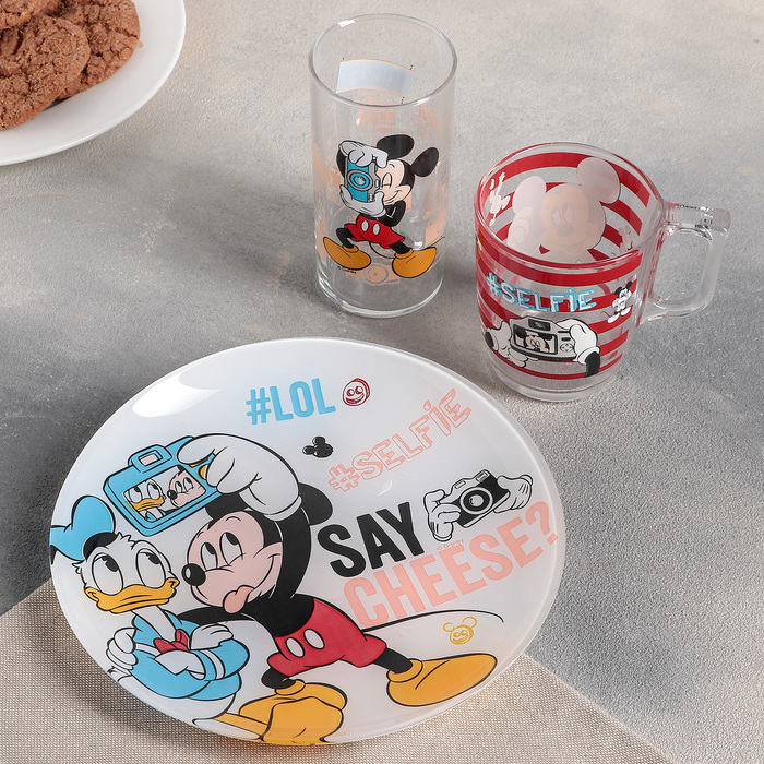 Набор посуды 3 предмета "Микки Маус и Дональд Дак": стакан 270 мл, кружка 250 мл, тарелка 20 см