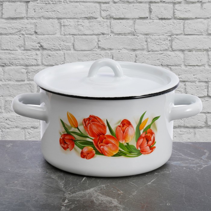 Кастрюля цилиндрическая 1,5 л "Тюльпаны", цвет белый