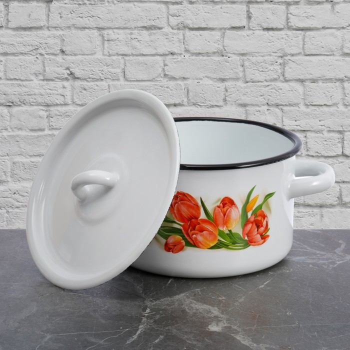 Кастрюля цилиндрическая 1,5 л "Тюльпаны", цвет белый