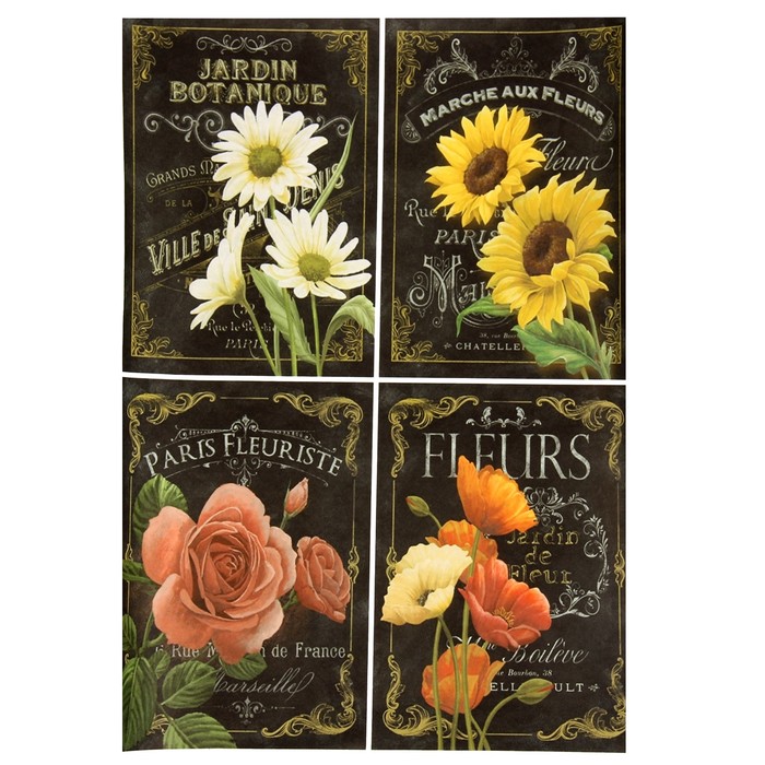 Декупажная карта "Черные карточки с цветами" плотность 45г/м2  формат А4