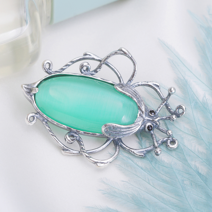 Брошь жук "Улексит", цвет зелёный в серебре