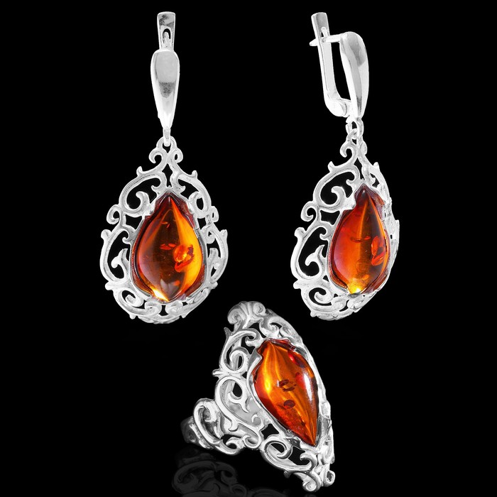 Гарнитур посеребрение 2 предмета: серьги, кольцо "Янтарь" барокко, цвет коричневый, р-р 17