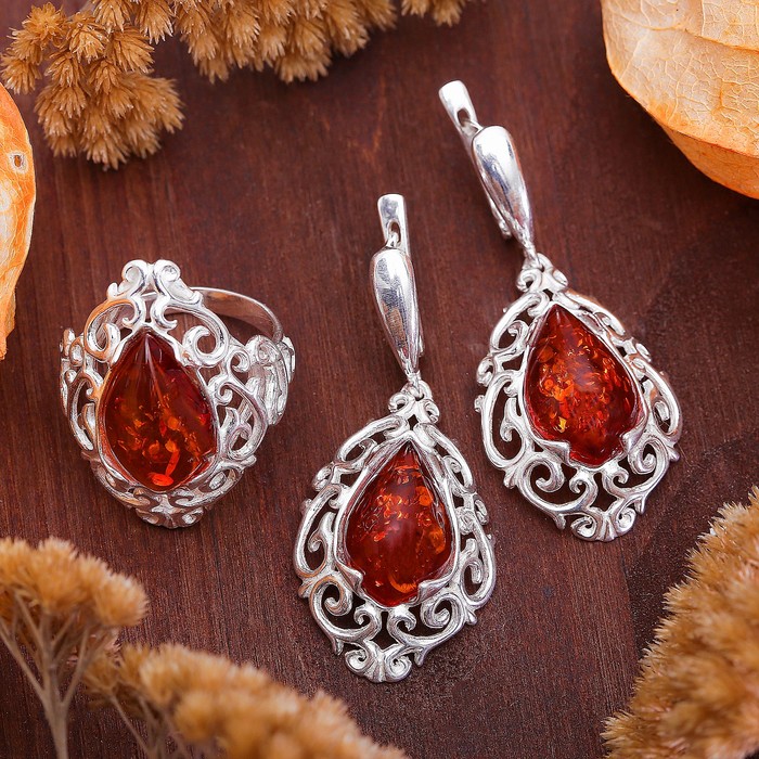 Гарнитур посеребрение 2 предмета: серьги, кольцо "Янтарь" барокко, цвет МИКС, 18 размер