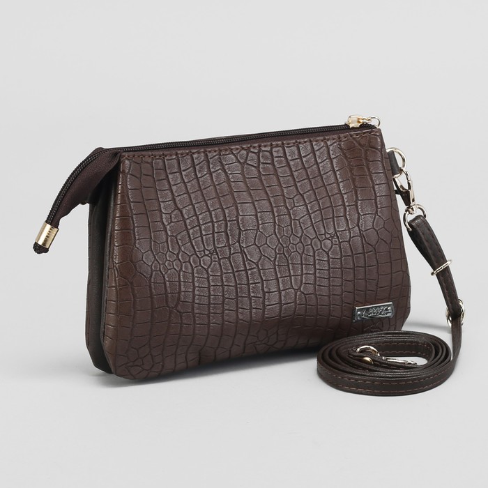 Сумка женская, отдел на молнии, наружный карман, длинный ремень, крокодил, цвет коричневый