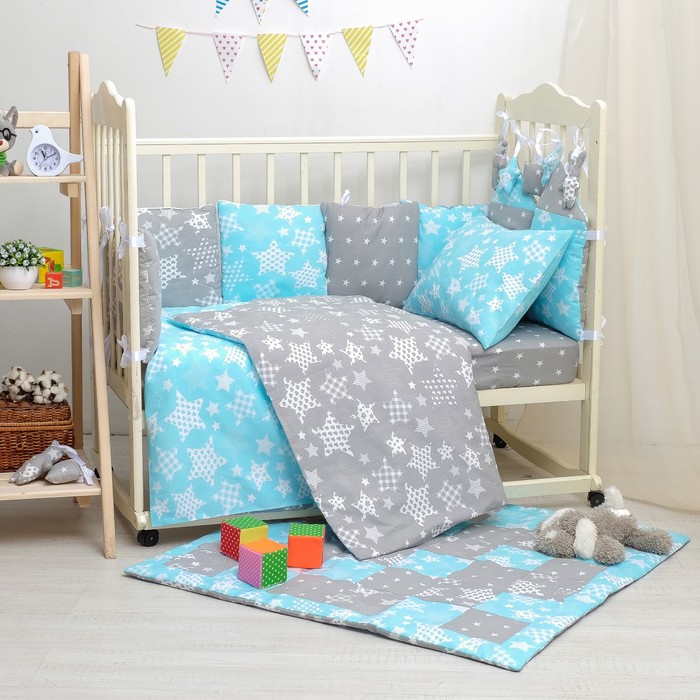 Комплект в кроватку ПРЕМИУМ Звезды серые, 22 предмета, цв гол/бирюза, бязь 120
