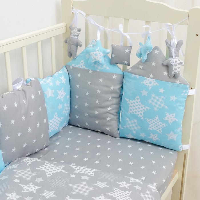 Комплект в кроватку ПРЕМИУМ Звезды серые, 22 предмета, цв гол/бирюза, бязь 120