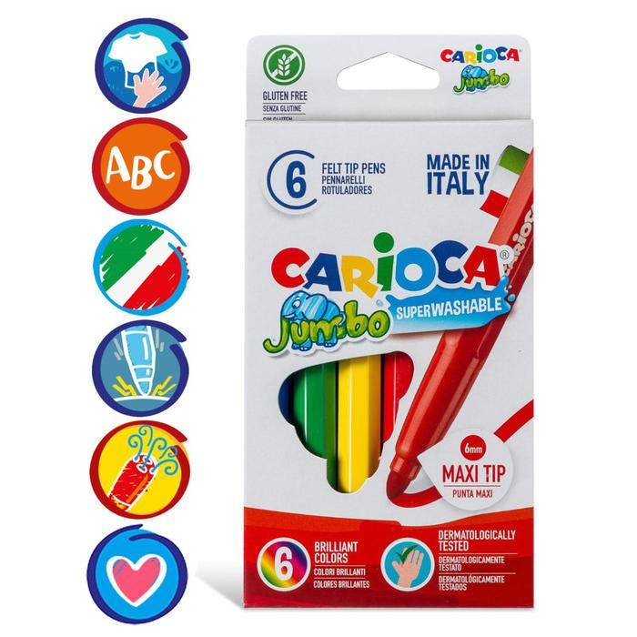 Фломастеры 6 цветов Carioca Maxi Jumbo, 6 мм, утолщенные, смываемые, картон, европодвес
