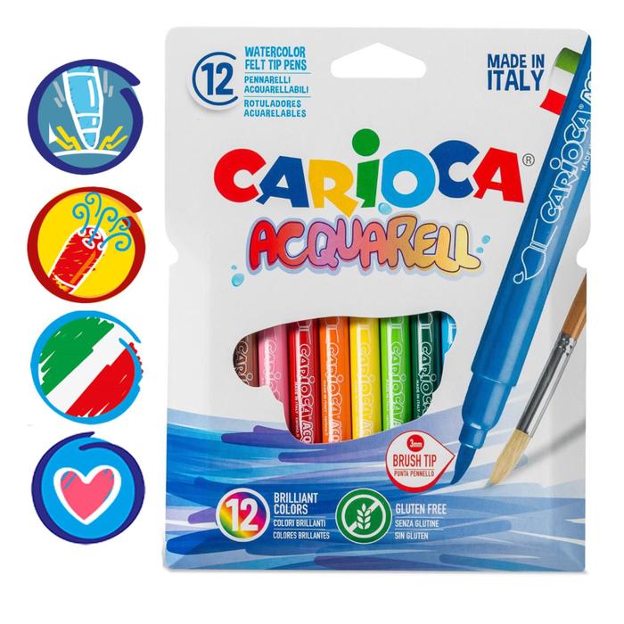 

Фломастеры акварельные 12 цветов, Carioca "Acquarell", 3.0 мм, с кистевым пишущим узлом, смываемые, картон, европодвес