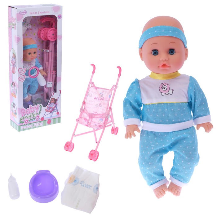 Коляска для кукол с пупсом и аксессуарами, пластиковый каркас, МИКС