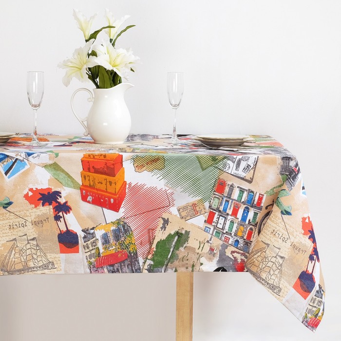 Скатерть "Доляна" Путешествия 145х150 см, 100% хлопок, рогожка, 162 г/м2