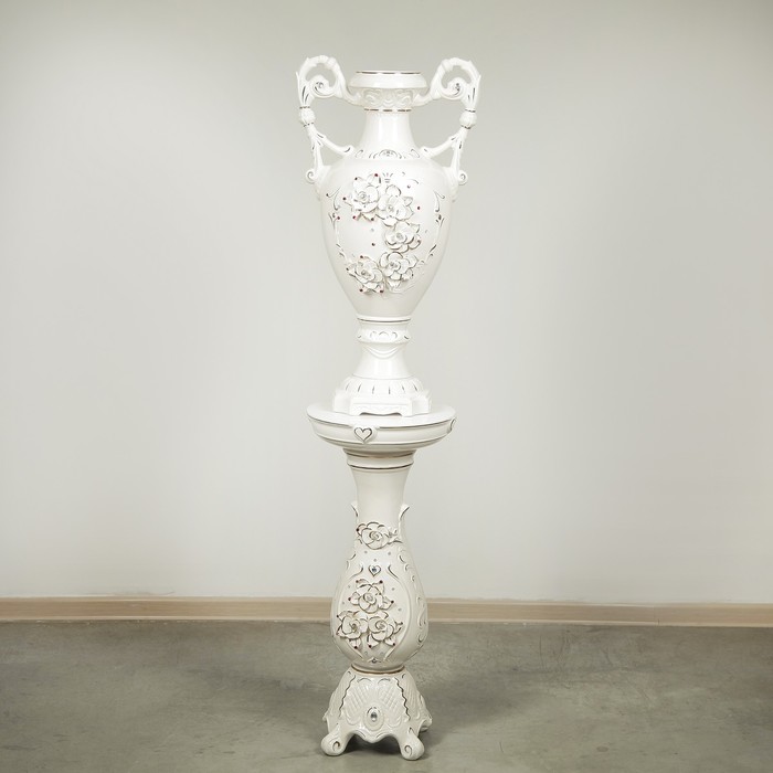 Ваза напольная "Флорена" на колонна белая, лепка, камни