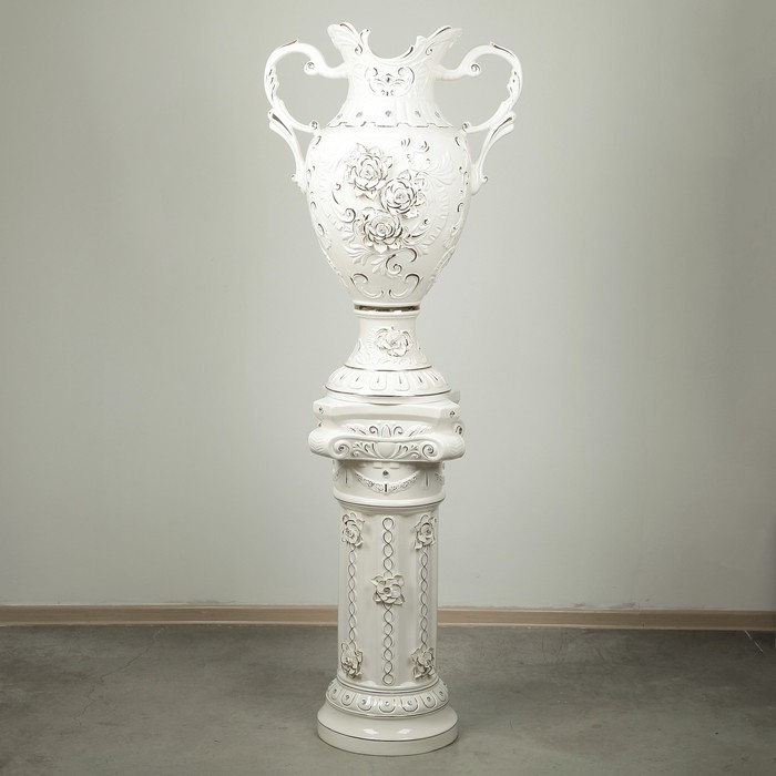 Ваза напольная "Астория" большая колонна белая, лепка, камни  УЦЕНКА