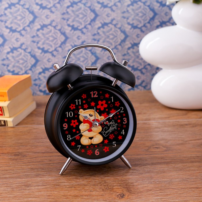 Будильник d=11см, серия "I Love you", черный, подсветка, 11*17 см