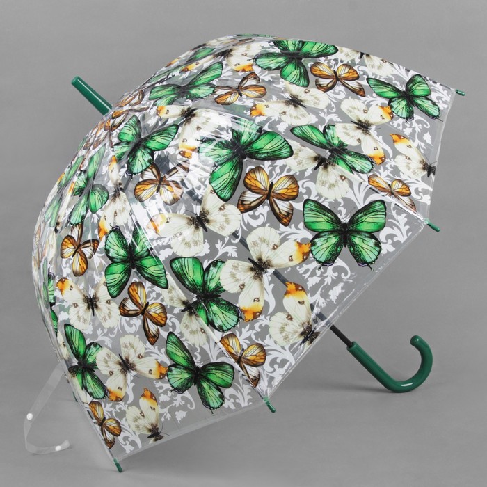 Зонт-трость "Бабочки", полуавтоматический, R=60см, цвет зелёный