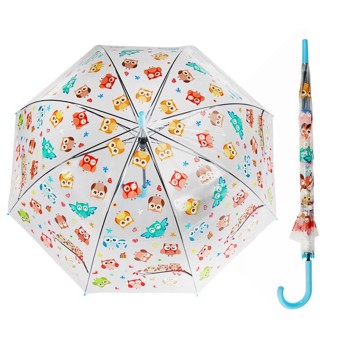 Зонт-трость "Совы", полуавтоматический, R=60см, цвет голубой