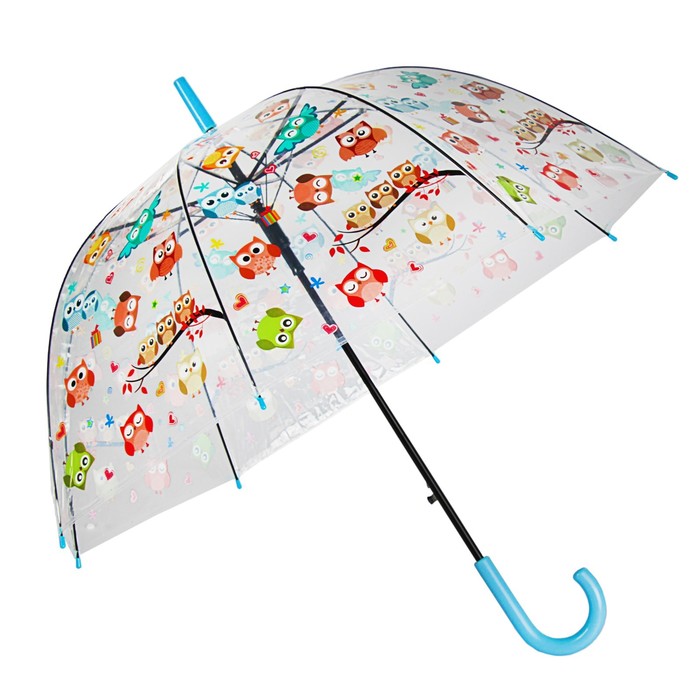 Зонт-трость "Совы", полуавтоматический, R=60см, цвет голубой