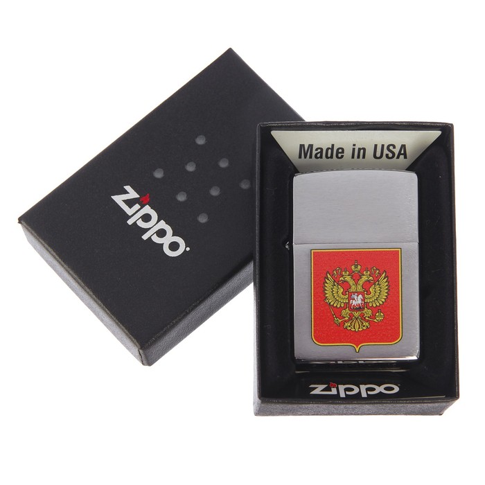 Зажигалка ZIPPO 200 Герб России с покрытием Brushed Chrome