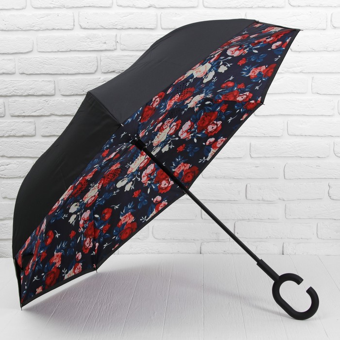 Зонт наоборот "Розы", механический, R=56см, цвет чёрный