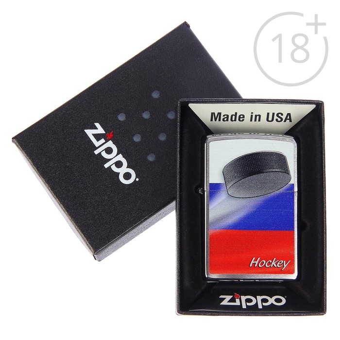 Зажигалка ZIPPO 200 RUSSIAN HOCKEY PUCK с покрытием Brushed Chrome