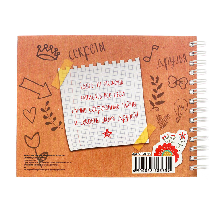 Анкета для девочек на гребне с наклейками "Мои секреты", А6, твёрдая обложка, 60 страниц