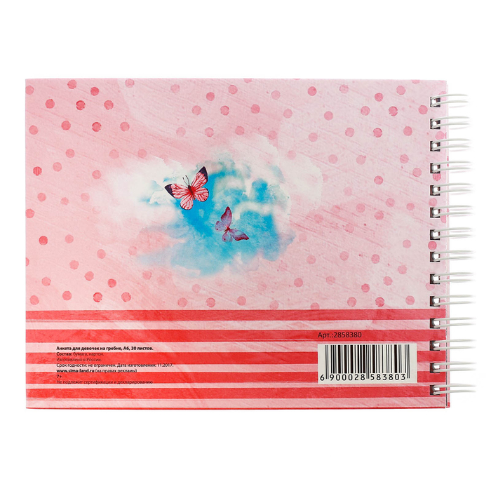 Анкета для девочек на гребне с наклейками "Анкета для классных девчонок", А6, твёрдая обложка, 60 страниц