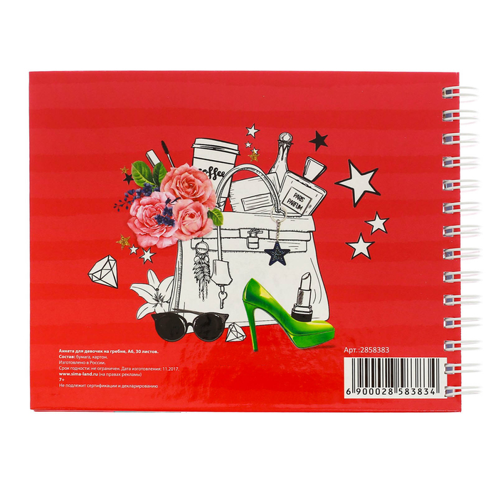 Анкета для девочек на гребне с наклейками "Анкета классной девчонки и её подруг", А6, твёрдая обложка, 60 страниц