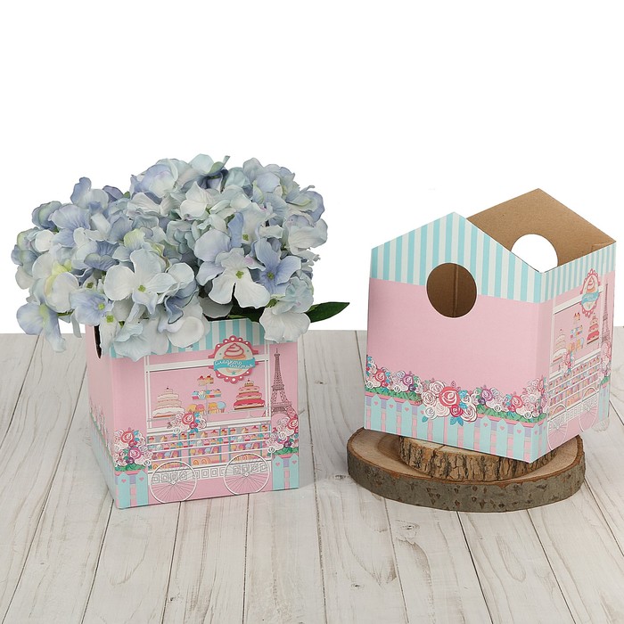 Коробка–домик для цветов складная «Розовая кондитерская», 15 х 19 см