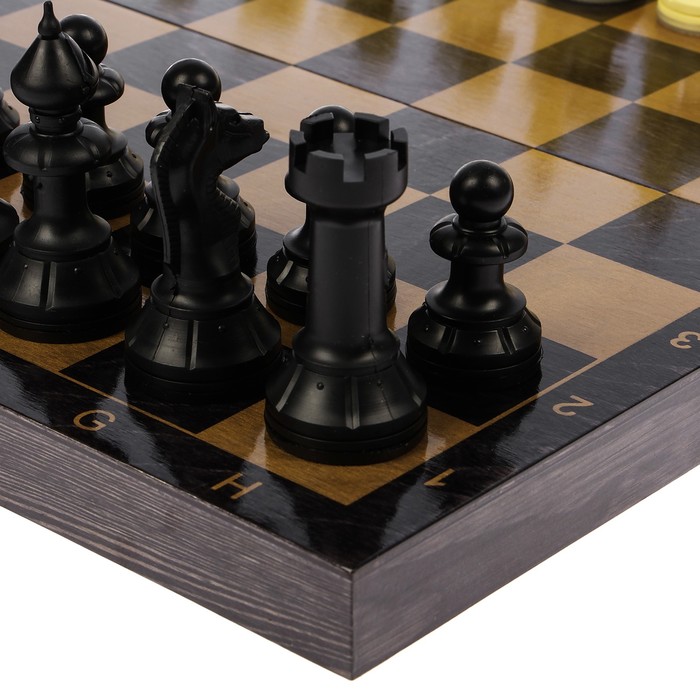 Настольная игра 3 в 1 "Черное золото": шашки, домино, шахматы (доска дерево 40х40 см)