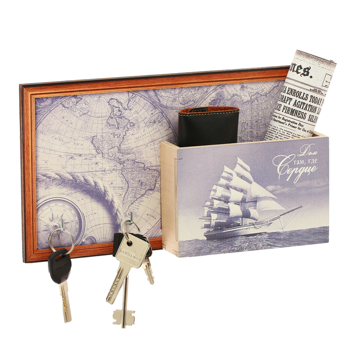 Ключница деревянная с карманом "Корабль"