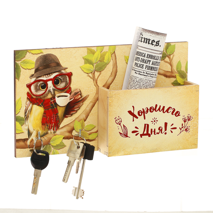 Ключница деревянная с карманом "Сова в одежде"