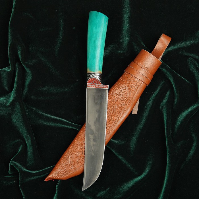 Нож Пчак Шархон, зелёная рукоять из граба (сухма), гарда из олова с гравировкой