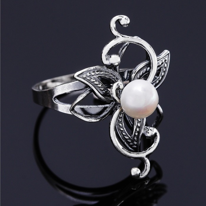 Кольцо "Жемчуг" абстракция лиственная, посеребрение с оксидированием, 17.5 размер