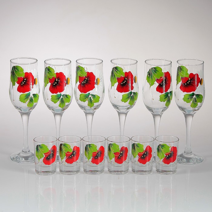 Мини-бар "Маки с ромашками" 12 предметов, художественная роспись 200/50 мл