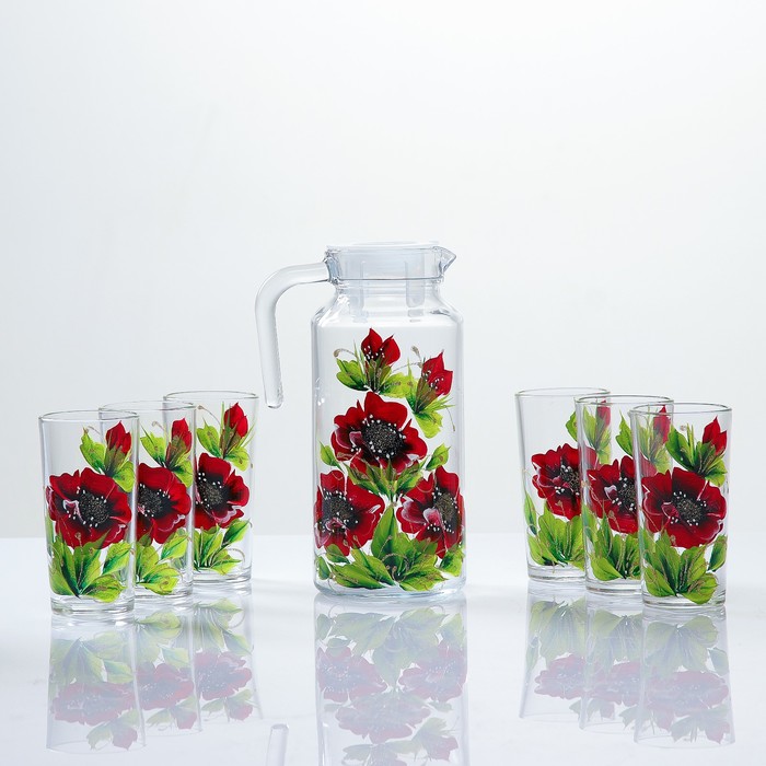 Набор для сока "Маки" художественная роспись, 6 стаканов 1250/200 мл