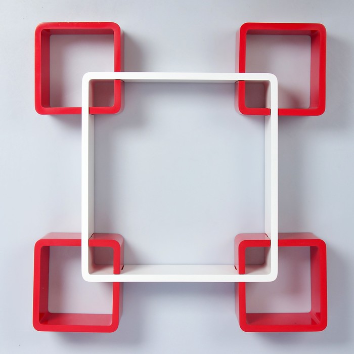 Набор полок белый+красн, 1квад (снаружи 44*44см, толщ 2см)+4квад (снаружи 19*19см, толщ 2см) 27704