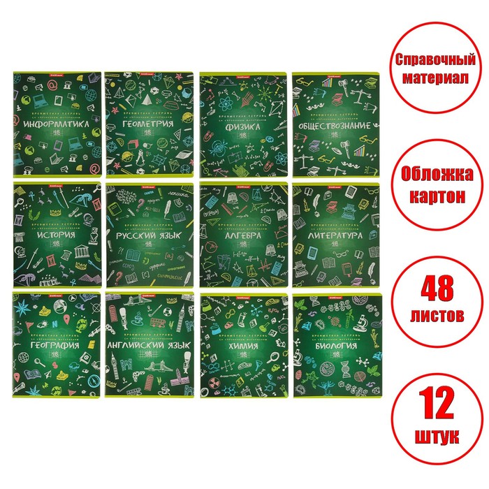 

Комплект предметных тетрадей 48 листов, 12 штук, ErichKrause "К доске!", мелованный картон, блок офсет белизна 100%, инфо-блок