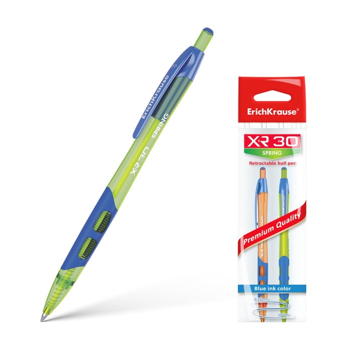 Набор ручек шариковых автоматических 2 штуки XR-30 Spring, резиновый упор, узел 0.35мм, чернила синие, длина линии письма 1000м