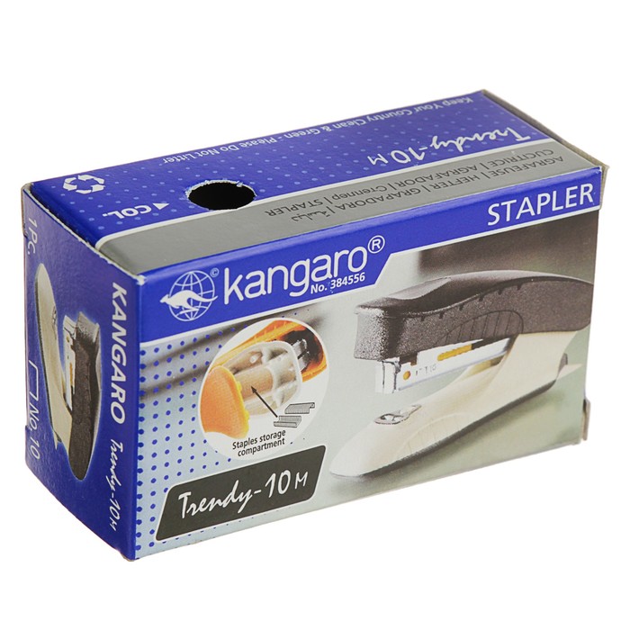 Степлер №10 до 10 листов Kangaro mini TRENDY 10M, встроеный антистеплер, темно-синий