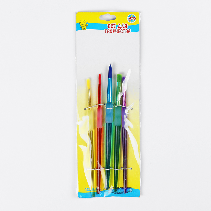 Набор кистей, нейлон, 5 шт., круглые, с цветными ручками, с резиновыми держателями