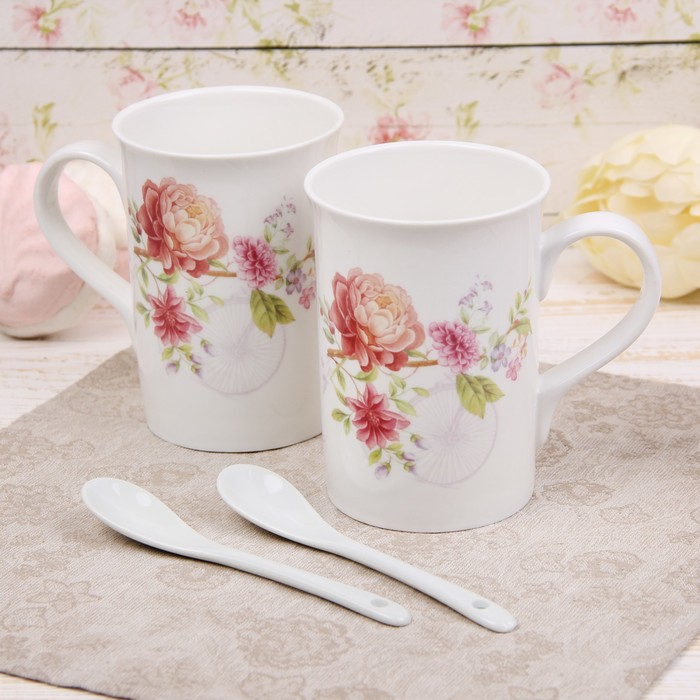 Набор кружек 300 мл "Летний сад" 11,5х7,5х10,7 см, 2 шт, с керамическими ложками, рисунки МИКС