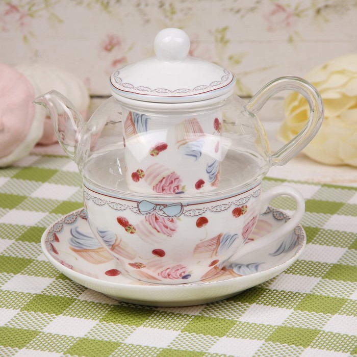 Чайник заварочный "Пирожное", с керамическим ситом, чашкой и блюдцем