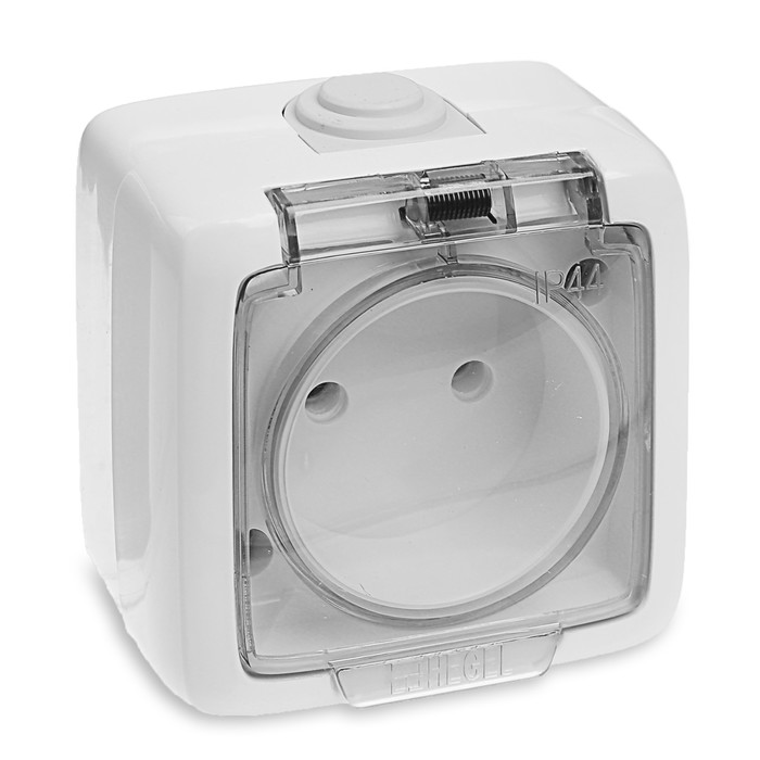 Розетка HEGEL РА16-201, 16 А, одноместная, наружная, без з/к, с крышкой, IP44, цвет белый
