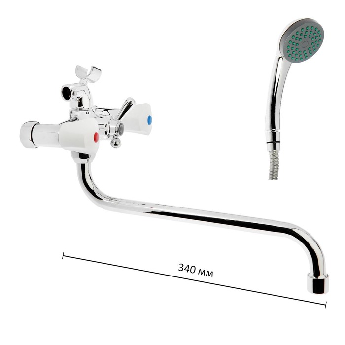 Смеситель для ванны "ЦС-СМ 15332", двухрычажный, настенный, с душевым набором, хром